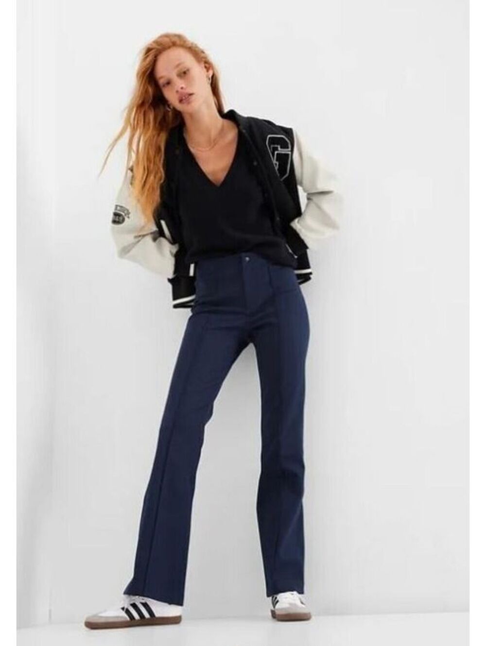 Gap High Rise BiStretch Flare Pants navy blue 6 pin tuck